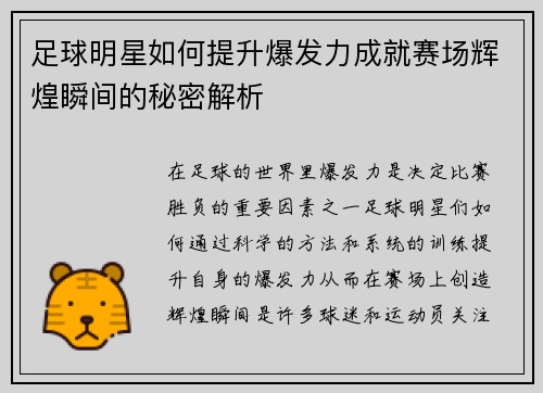 足球明星如何提升爆发力成就赛场辉煌瞬间的秘密解析