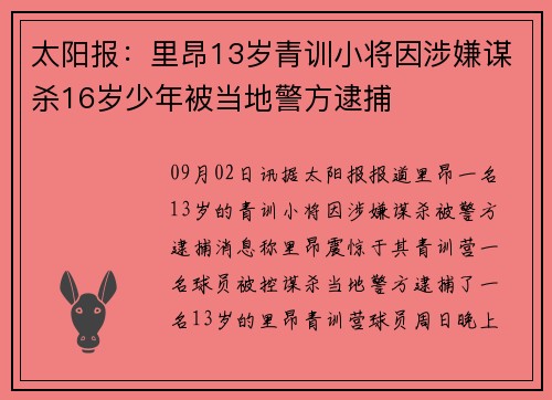 太阳报：里昂13岁青训小将因涉嫌谋杀16岁少年被当地警方逮捕